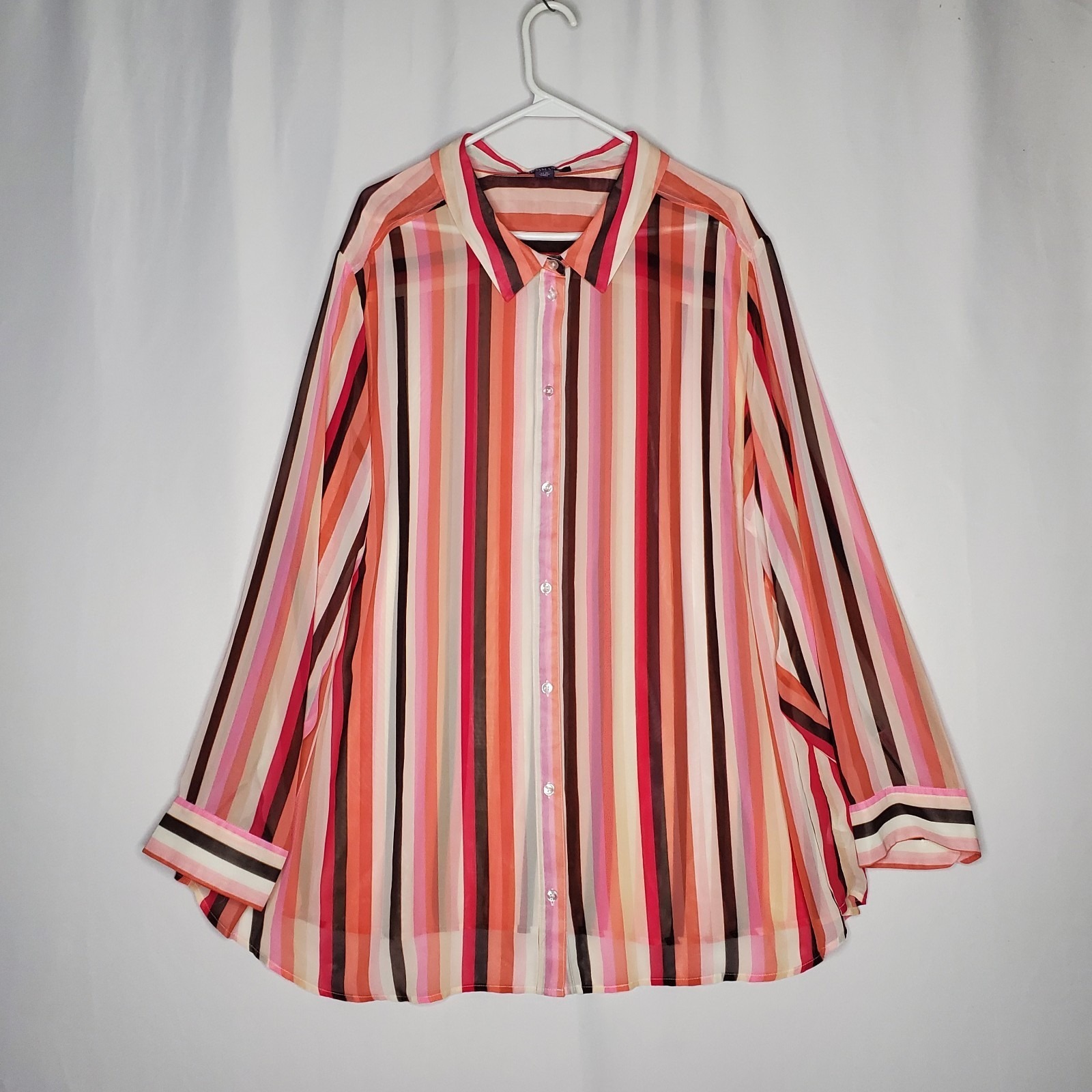 Roamans Chiffon Button Collar Top Women 32w Gradient Stripe Semisheer Vtg Y2k